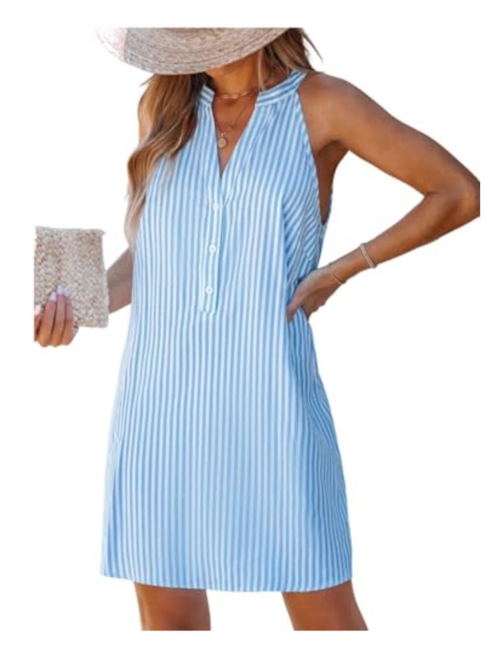 V Neck Sleeveless Striped Button Up Mini Casual Coverup Dress Summer